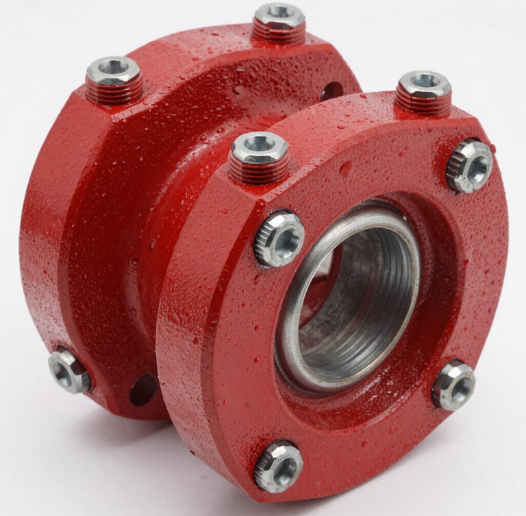 Macro close-up of a heavy-duty red painted steel foam chamber flange, highlighting precision welds and industrial bolts, sharp industrial product photography, crisp studio lighting, 50mm