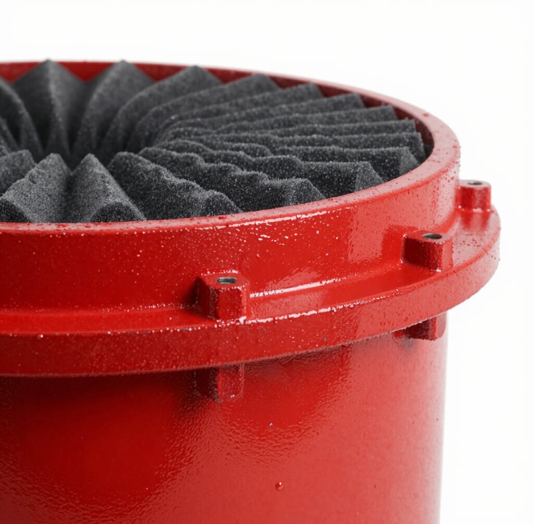 Sharp industrial product photography of a heavy-duty red steel foam chamber, welded flange close-up, high-contrast metallic textures, clean studio lighting, 50mm