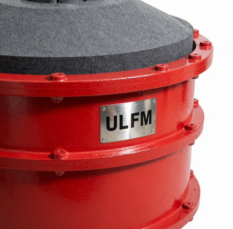A heavy-duty red painted steel foam chamber with prominent welded flanges and a shiny metal UL/FM certification stamp plate, sharp industrial product photography, high-contrast metallic textures, 50mm