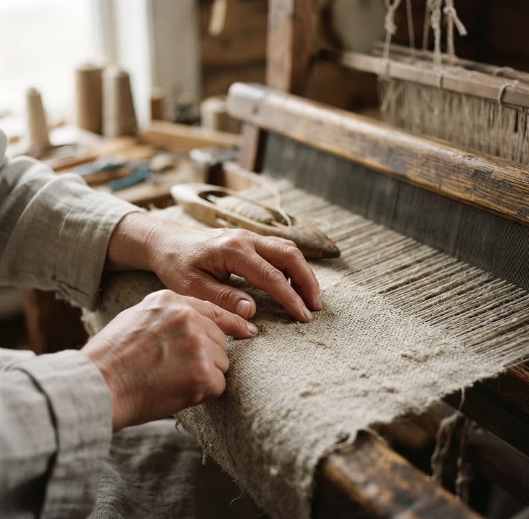 Macro close-up of hands touching raw linen on a traditional shuttle loom, soft morning window light, shallow depth of field, 35mm