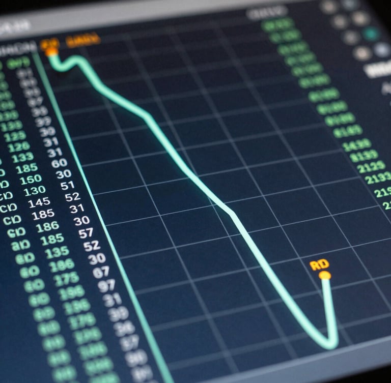 Extreme close-up of a digital financial terminal interface showing a real-time runway projection graph with neon mint grid lines and monospaced calculation outputs on a deep slate background.