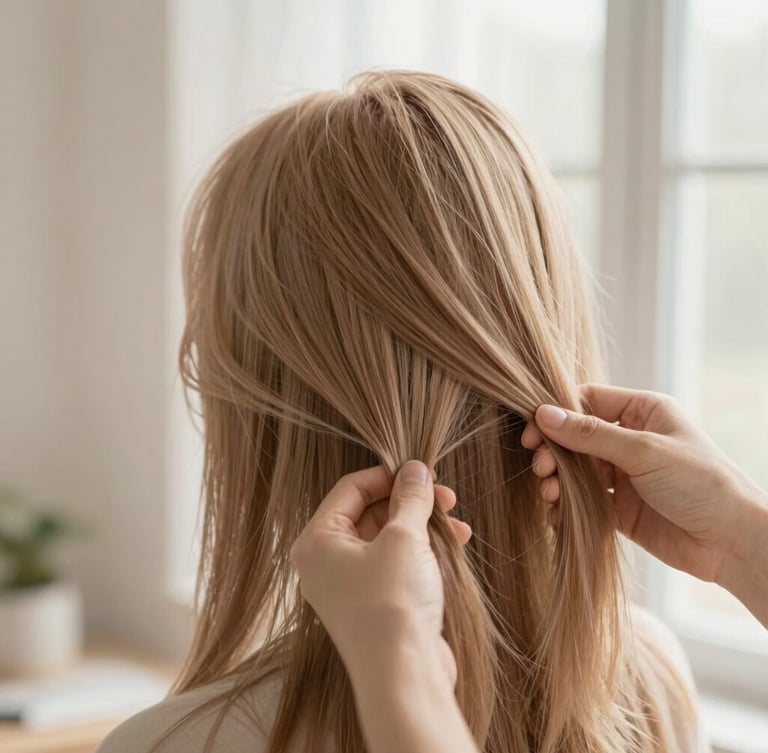 Hands gently styling soft warm-toned hair under soft window light, shallow depth of field, warm editorial photography style