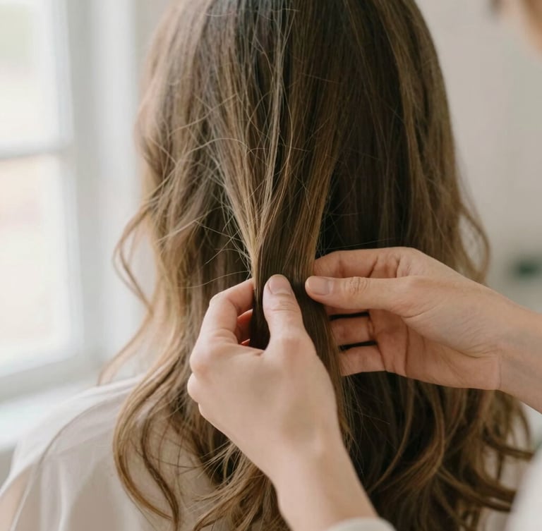 Close-up of a stylist's hands gently working with long, healthy wavy hair, soft natural window lighting, warm editorial aesthetic, shallow depth of field, 35mm