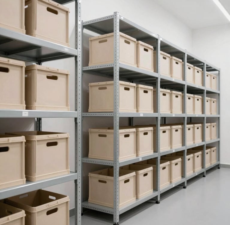 Interior of a climate-controlled art storage facility, clean, modern, with specialized racking for crates, neutral archival tones, sharp focus, 35mm lens, portrait aspect
