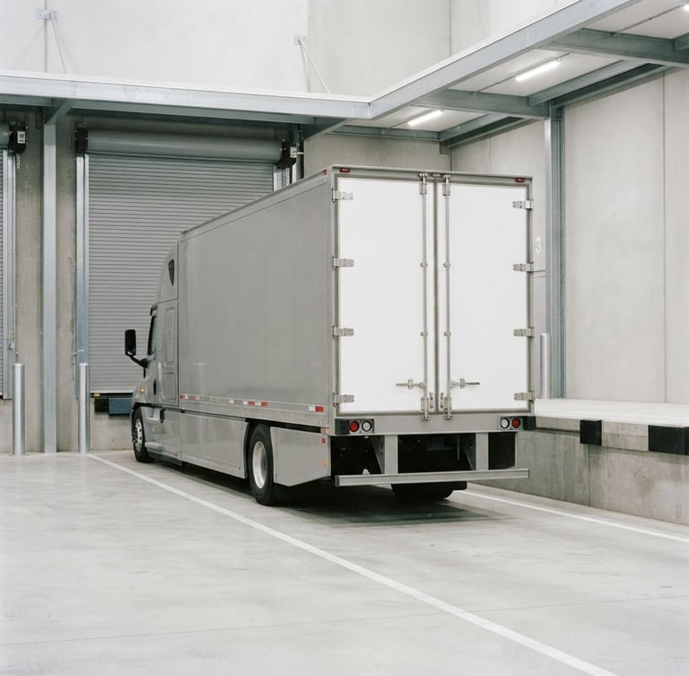 Exterior of a specialized climate-controlled art transport vehicle, sleek design, parked in a secure, clean loading dock, neutral archival tones, sharp focus, 35mm lens, wide panoramic