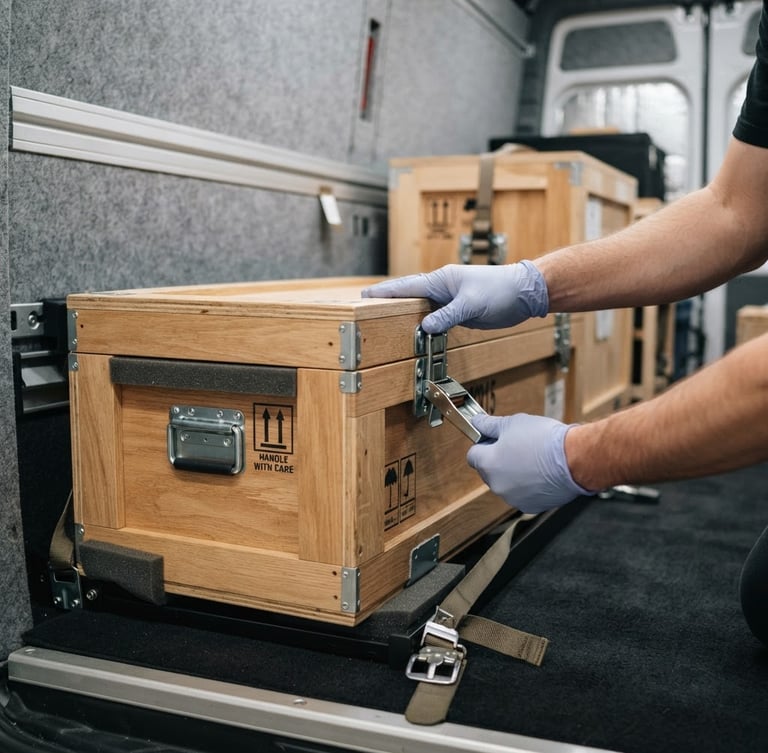 Gloved hands carefully securing a custom-built wooden art crate inside a climate-controlled vehicle, clean gallery lighting, sharp focus.