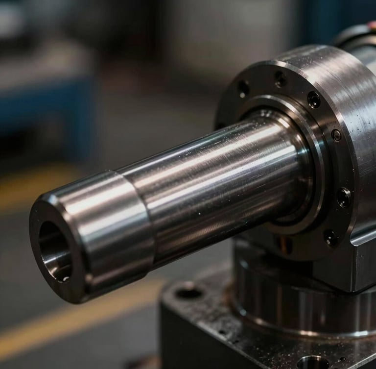 Macro close-up of a high-tolerance hydraulic cylinder shaft with deep metallic tones and sharp focus, industrial workshop background, dramatic side-lighting.