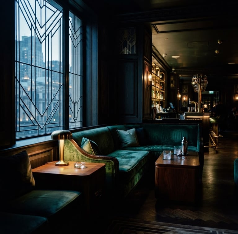Moody architectural photography of an Art Deco lounge, rich velvet textures, deep shadows, dramatic window light, 35mm tilt-shift lens.