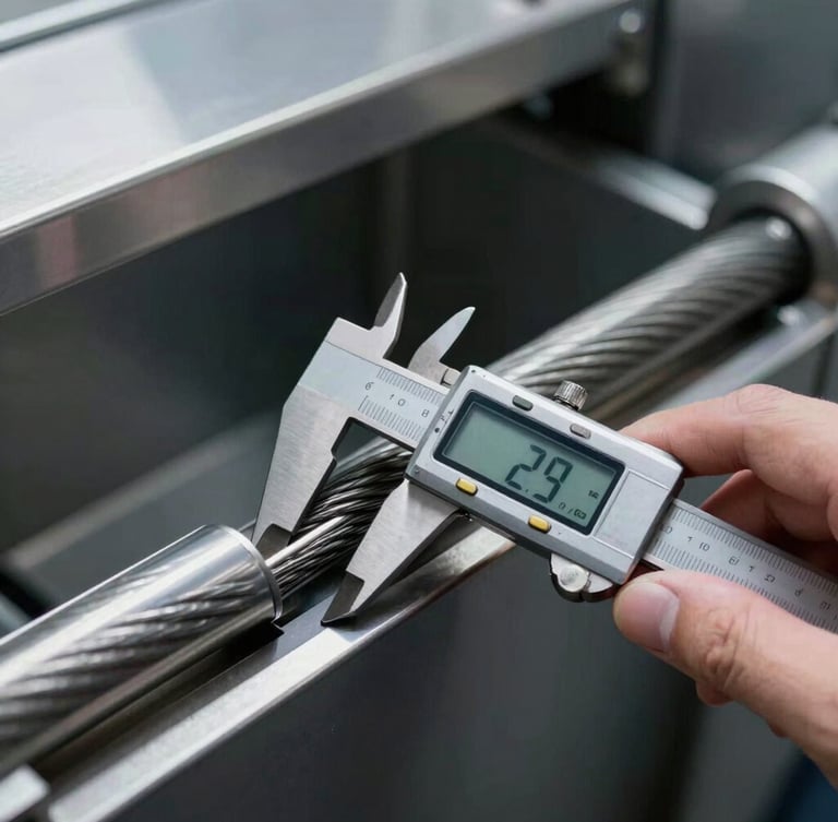 Macro shot of a technician using a digital caliper to measure steel cable diameter inside a clean elevator shaft, cool metallic tones, high contrast