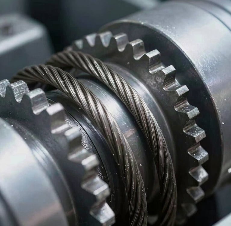 Macro close-up of clean mechanical elevator gears and steel cables, cool metallic tones, sharp industrial lighting, high contrast, 35mm lens