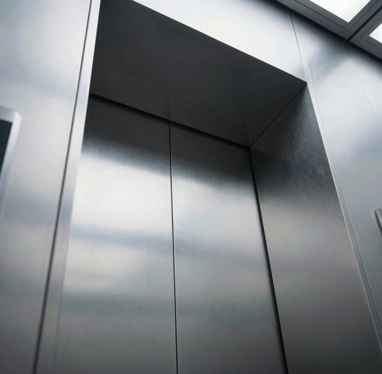 Low-angle architectural shot looking up a modern elevator shaft, sharp metallic reflections, cool crisp lighting, 35mm lens