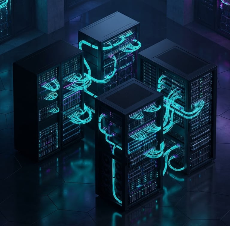 Sleek 3D render of isolated server racks with glowing cyan fiber paths, dark low-key lighting, isometric perspective, ultra-sharp detail