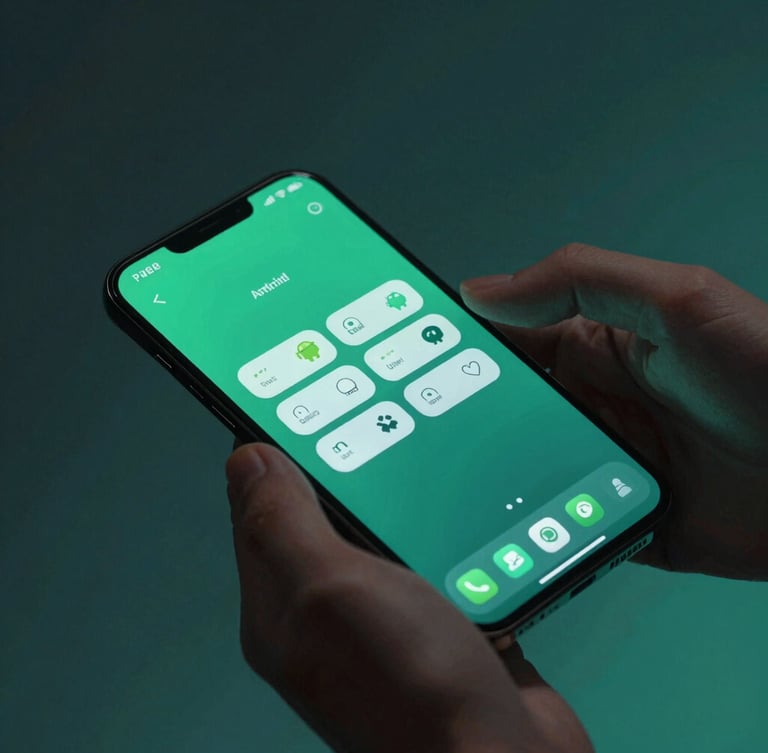 Sleek tech photography of hands interacting with a high-resolution Android device, showing fluid UI animations, cool studio lighting with cyber-green accents, macro lens
