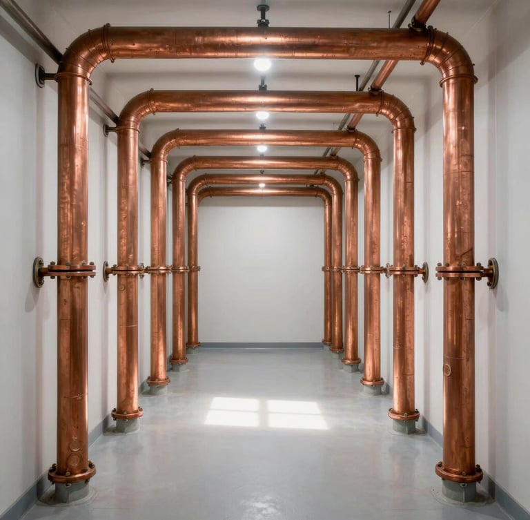 Straight-on architectural shot of a pristine mechanical room, parallel copper piping aligned symmetrically, clean natural light, no clutter.