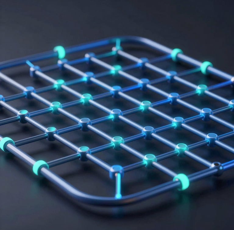 Sleek 3D render, dark mode, glowing neon blue and teal accents, abstract digital network representing structured procurement pipelines, octane render
