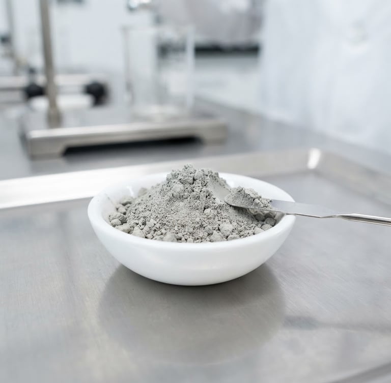 Macro photograph of clean dry cement powder being tested in a clinical laboratory under sharp white lighting, high contrast, minimalist composition.