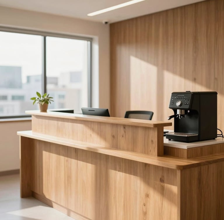 A clean, bright reception desk of a professional financial office in Guarulhos, with warm wooden details, a small coffee station, soft natural light streaming through a window, inviting atmosphere.