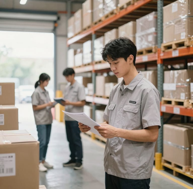 A well-organized regional warehouse interior with a team member in a clean uniform checking inventory lists, bright natural daylight, soft realistic tones.