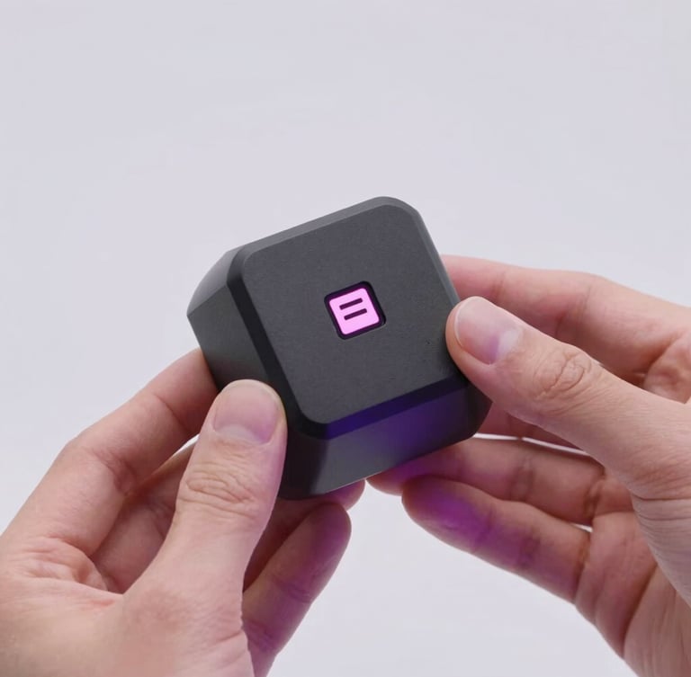Hands of a designer holding a sleek, matte black 3D printed geometric prototype with integrated NFC chip, soft magenta lighting reflections, minimal studio background