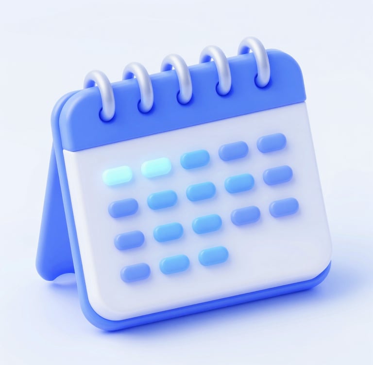 Isometric 3D render of a stylized calendar with glowing blue lines indicating date calculations, minimalist design, bright studio lighting