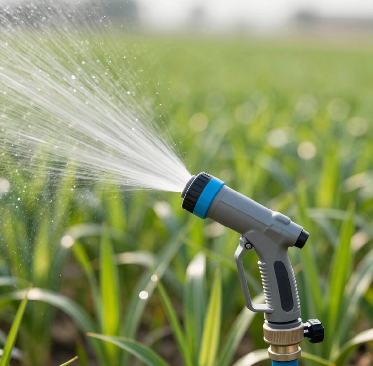 Macro shot of a high-pressure agricultural drip irrigation nozzle spraying clean water onto crops, vibrant green fields, bright morning sunlight, 35mm.