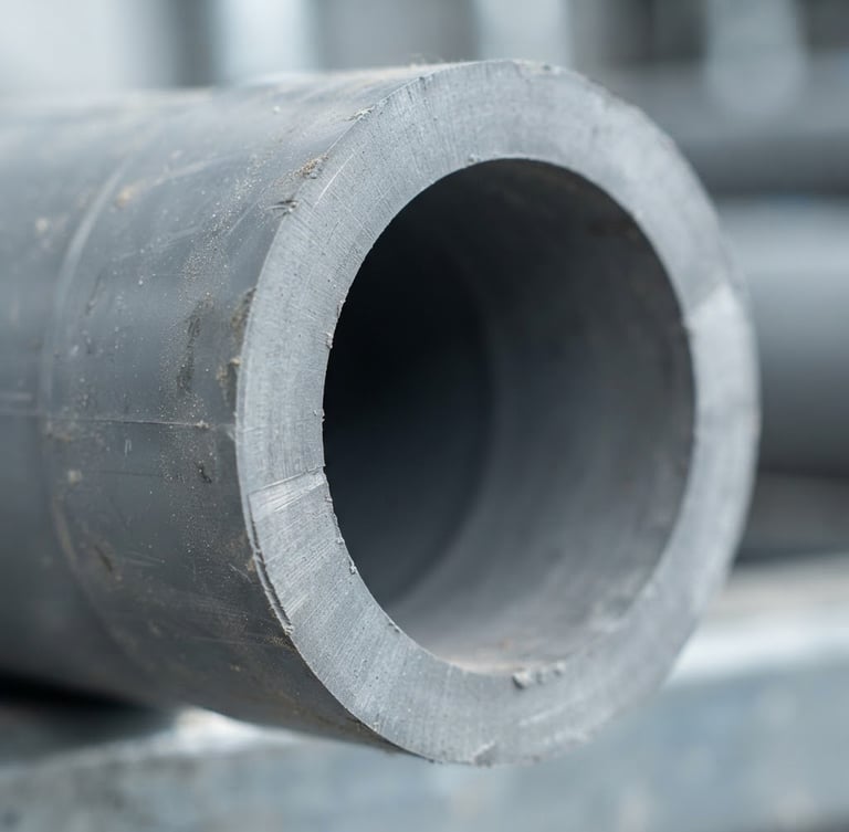 Macro close-up of heavy-duty schedule 80 PVC pipe wall thickness, clean industrial daylight, sharp focus, 35mm