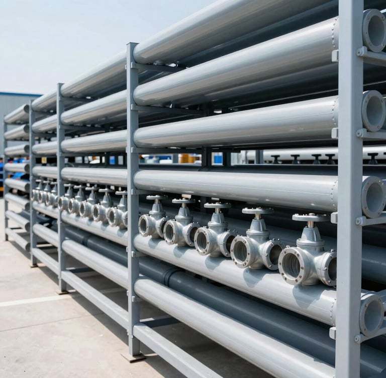 Wide-angle warehouse interior showing neatly organized racks of gray industrial pipes and heavy-duty valves under bright daylight, sharp focus