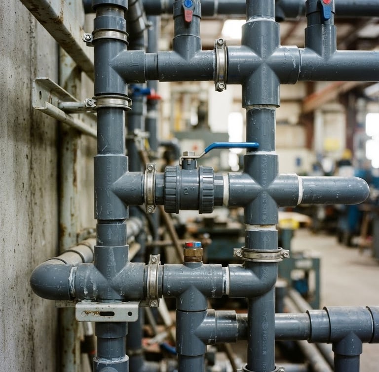 High-resolution close-up of heavy-duty industrial PVC pipe fittings and valves, crisp daylight, cool blue and gray tones, 35mm