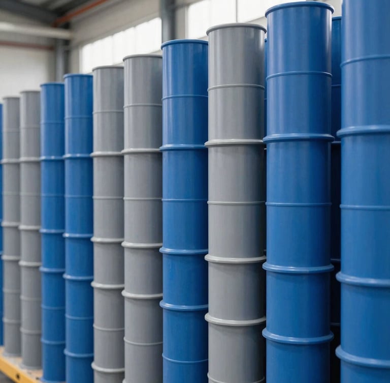 Neatly aligned blue and gray PVC pipe stacks inside a modern warehouse, clean industrial shelving, bright daytime warehouse light, sharp focus.