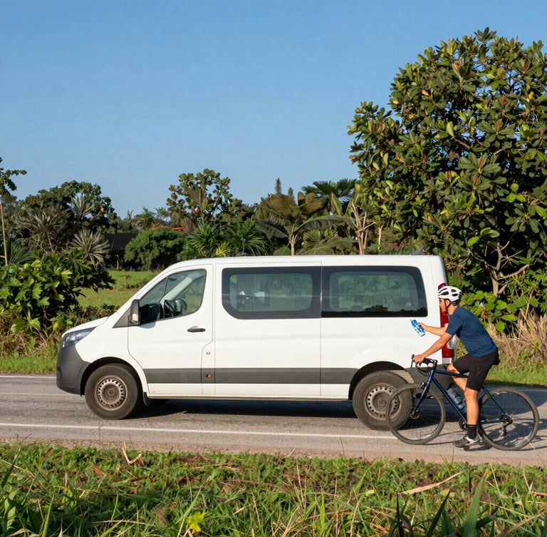 A support van parked on the shoulder of a quiet country road, driver handing a fresh water bottle to a cyclist, warm afternoon light.
