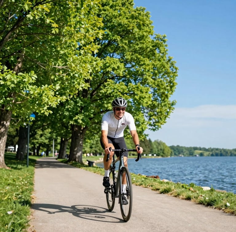 A cyclist smiling while riding on a scenic lakeside path under bright daylight, vibrant green trees and blue water in the background, low-angle action shot.