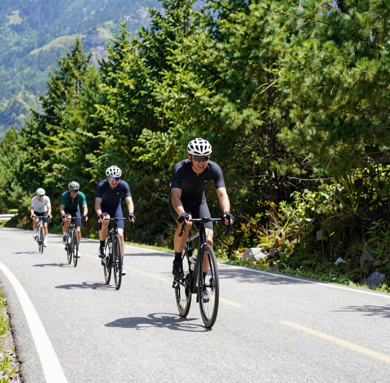 Low-angle action shot of smiling cyclists riding on a scenic paved mountain road under bright morning sun, vibrant green pine trees in background