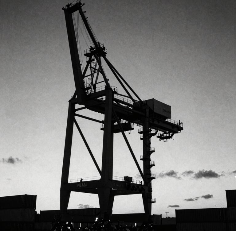 Low-key black and white architectural close-up of a deep-water container terminal at dusk, sharp directional light casting geometric shadows on steel cranes, high contrast, 35mm film grain
