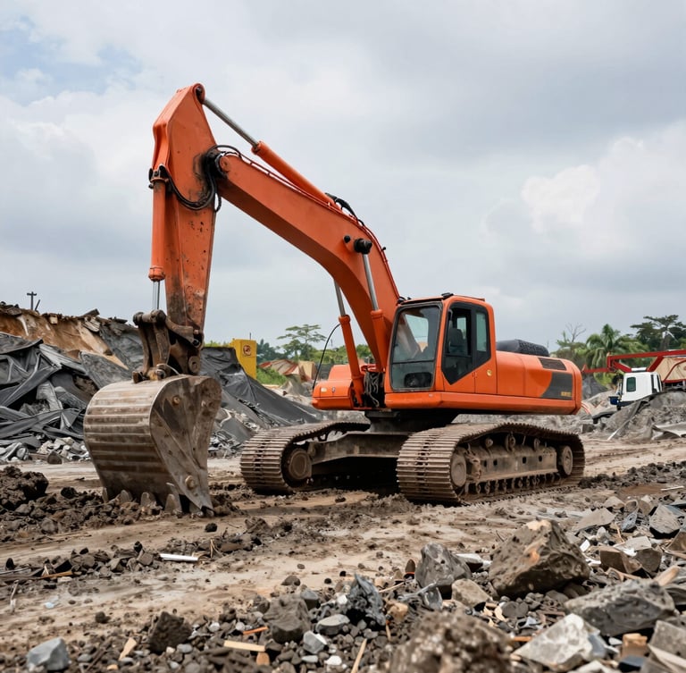 Low-angle heroic shot of a heavy orange excavator working on a muddy mining site in Southeast Sulawesi, high-contrast natural daylight, gritty industrial photography