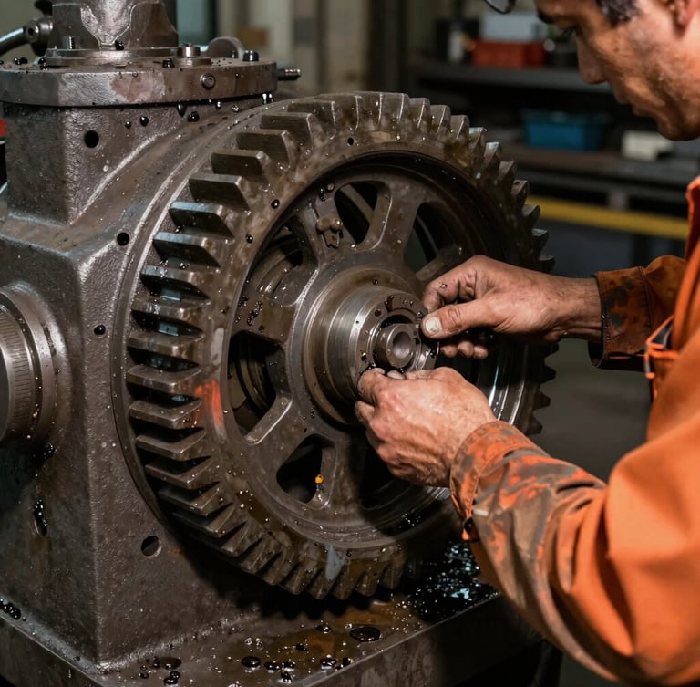 Close-up of industrial mechanic hands installing a heavy gear component inside a workshop, dramatic shadows, grease and steel texture, 35mm lens