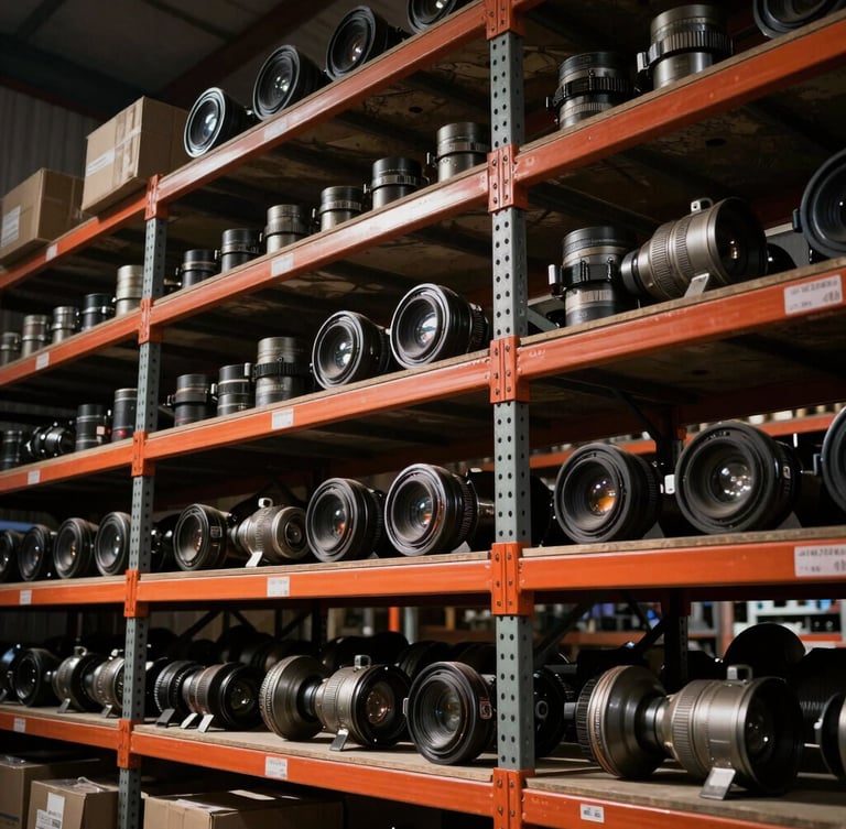 Low-angle heroic shot of organized heavy-duty spare parts on warehouse shelves, dramatic lighting, safety orange accents, high-contrast earth tones