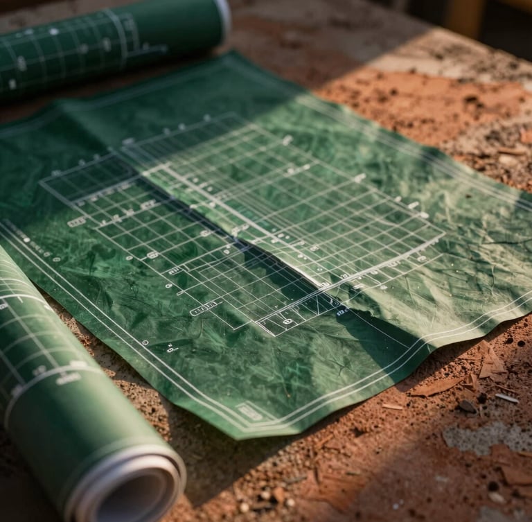 Close-up of civil engineering blueprints overlaying raw textured concrete, sharp focus, dramatic lighting, forest green and terracotta tones