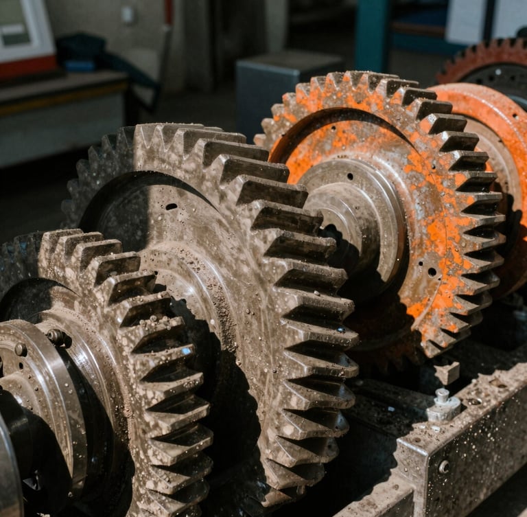 Close-up of industrial machinery gears being inspected, high-contrast natural daylight, dramatic workshop shadows, gritty 35mm photography