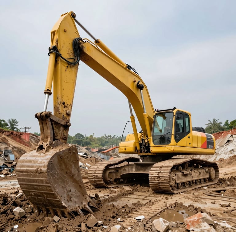 Low-angle heroic shot of a massive yellow excavator digging in a muddy nickel mining site in Kendari, harsh natural daylight, high-contrast earth tones