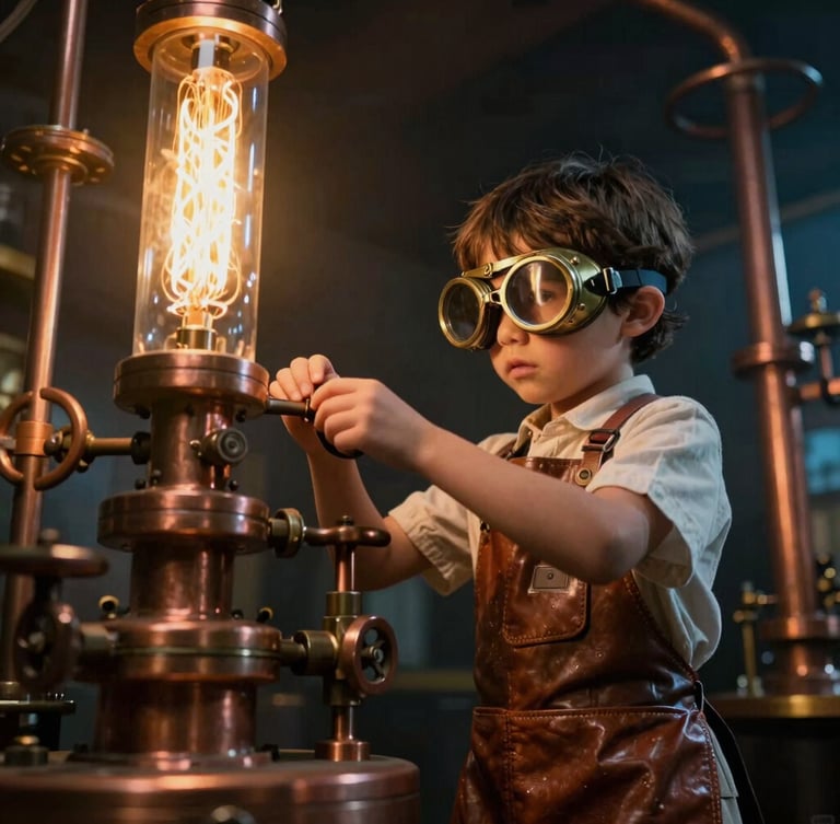 Dramatic low-angle shot of a child in leather apron and brass safety goggles adjusting copper valves on a steam apparatus, warm golden filament glow, cinematic steampunk photography