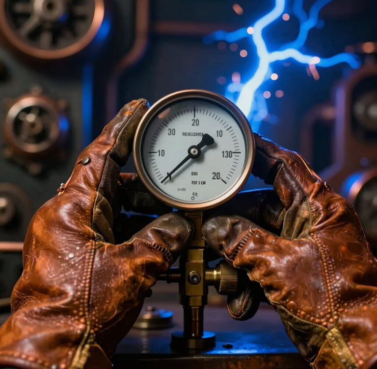 Cinematic steampunk photography, close-up of focused hands in heavy leather work gloves adjusting a brass dial on a pressure gauge, cool electric blue sparks in the background, high-contrast, 35mm lens.