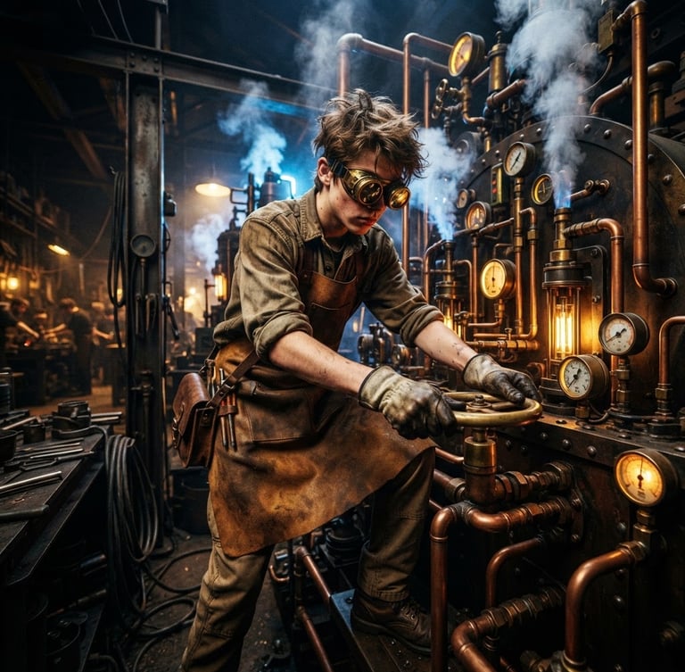 Cinematic steampunk photography, wide low-angle action shot of a teenager in a leather apron and brass safety goggles adjusting copper valves on a steam-powered apparatus, warm golden filament glow, high-contrast industrial texture.