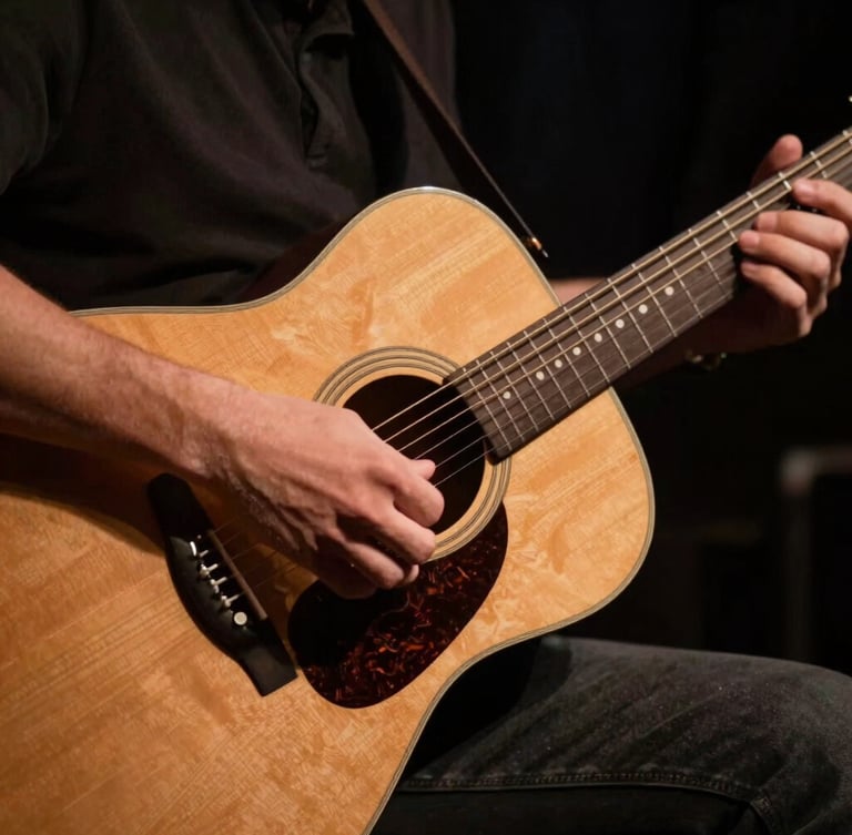 Tight close-up of hands playing an acoustic guitar on a dark stage, warm amber spotlight catching the wood grain and strings, moody atmosphere.