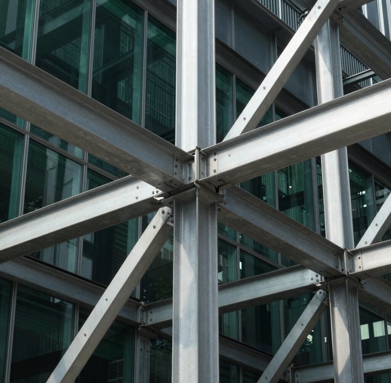 Tight macro architectural detail of interlocking steel beams and glass joints, sharp daylight, high contrast, 35mm lens