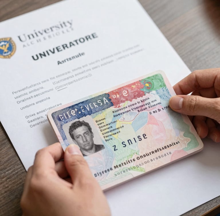 A close-up of hands holding a stamped visa document and university acceptance letter, bright natural daylight, clean composition
