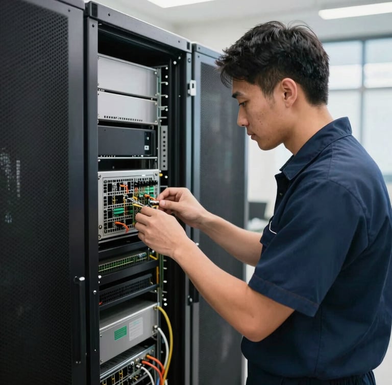 A professional Globetech technician in a clean navy uniform working on physical server hardware inside a bright, organized facility, crisp commercial photography.