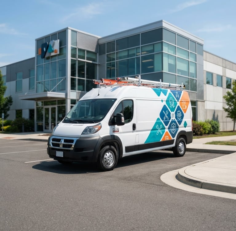 A branded white service truck parked in front of a modern commercial facility under bright daylight, clean industrial tones, sharp focus.