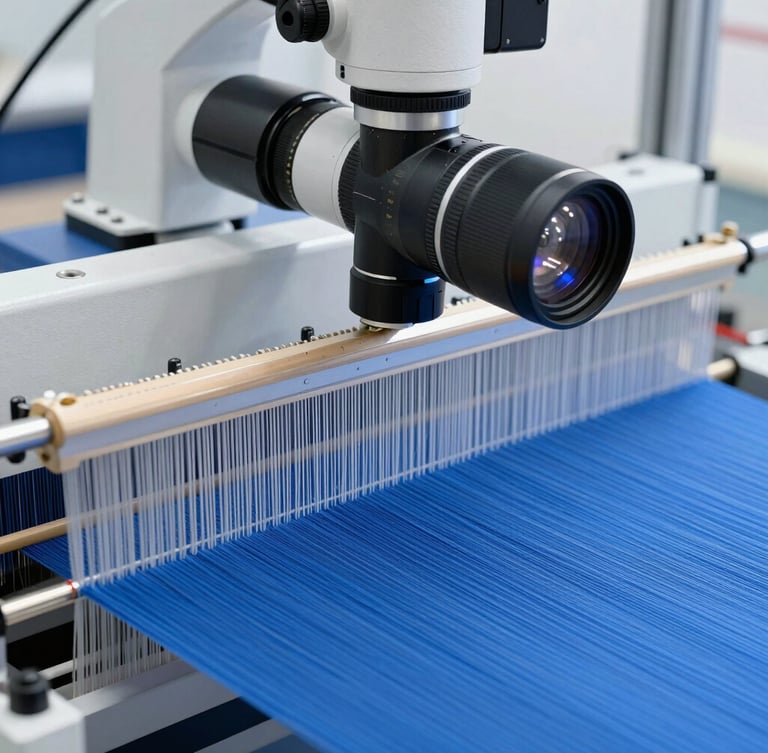Macro close-up of high-speed industrial loom weaving blue cotton threads under a calibrated optical camera lens, bright clean studio lighting, sharp focus, 35mm lens