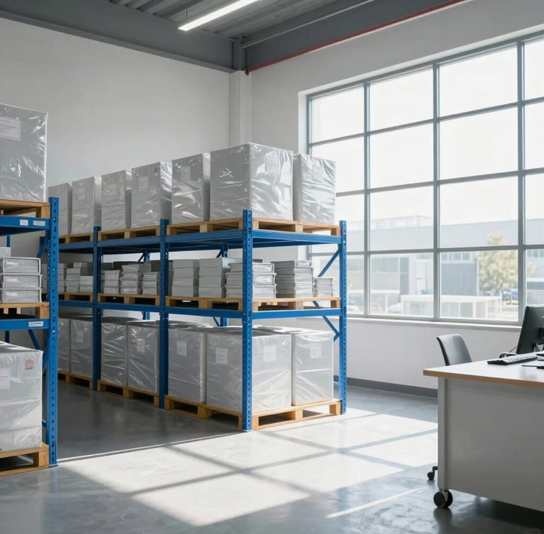 A modern logistics warehouse interior with organized shelving, bright natural daylight streaming through high windows, clean professional environment, editorial 35mm.