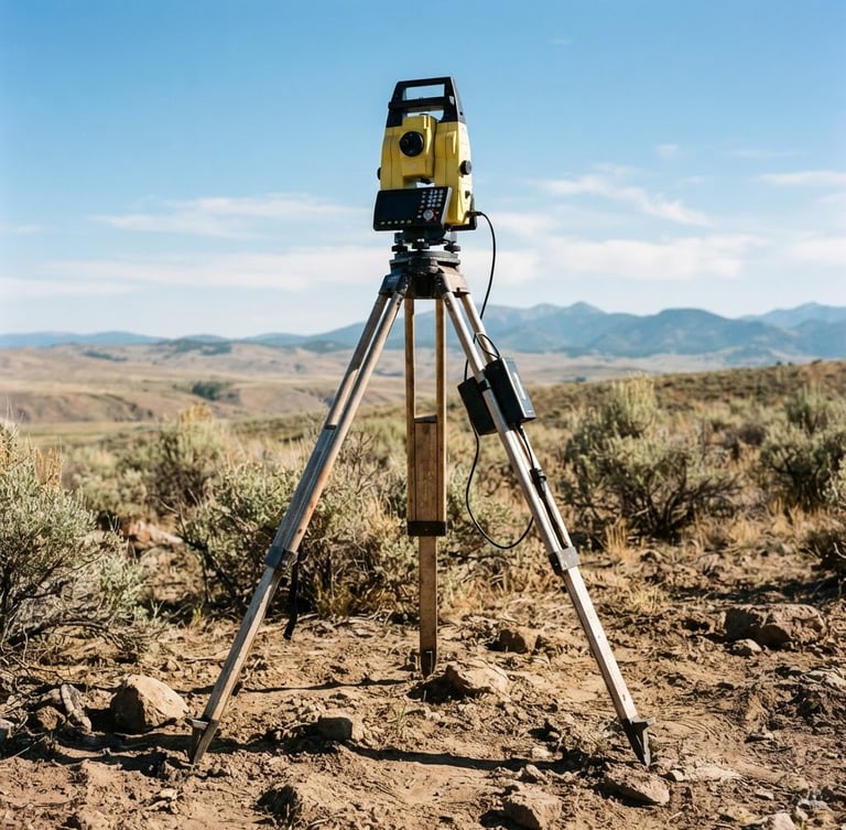 Low-angle shot of a high-tech total station surveyor tripod standing firmly on dry Idaho soil, bright morning sunlight, sharp focus, 35mm lens